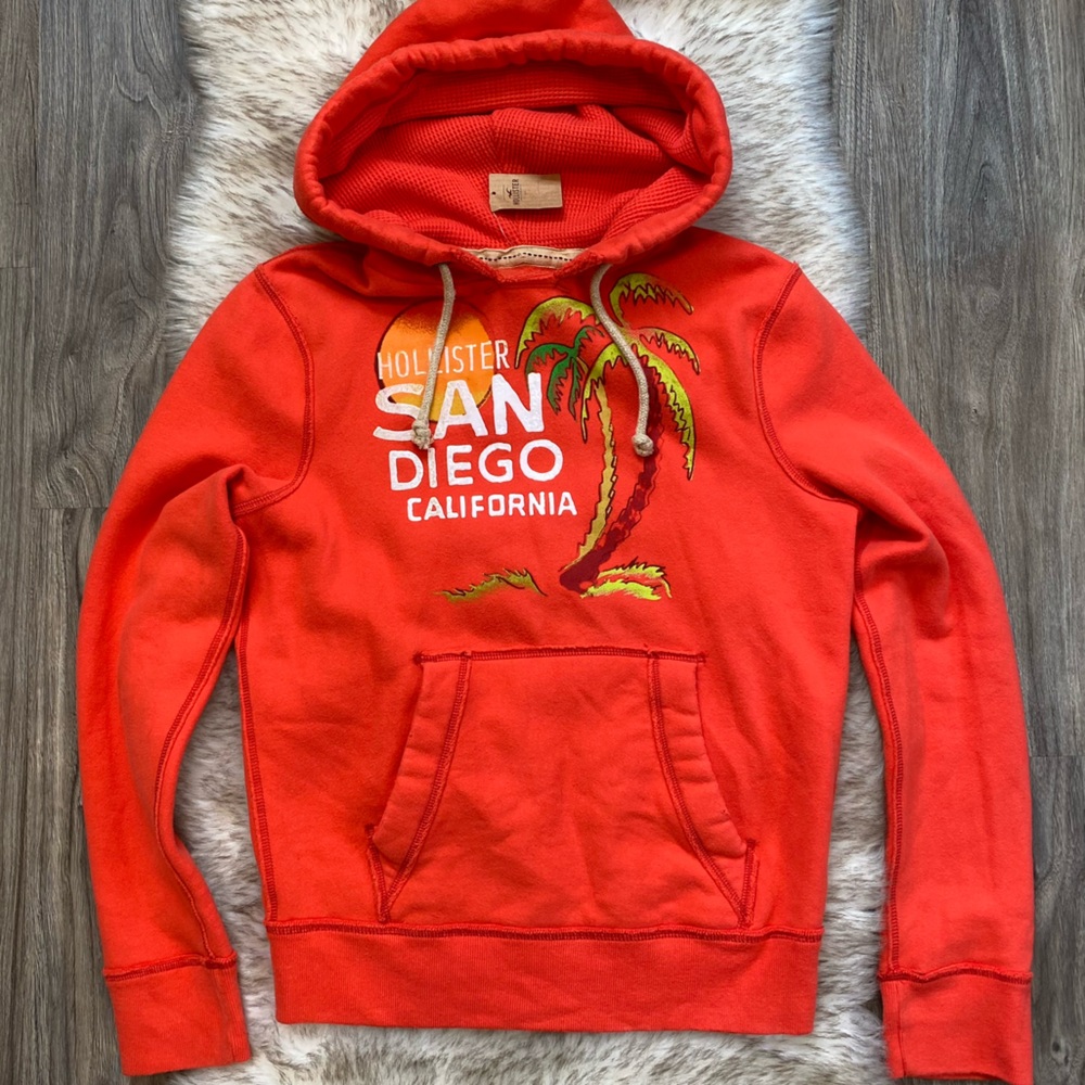 Y2K Hollister NWT Men’s Red Orange San Diego Palm Tree Print Pullover Hoodie